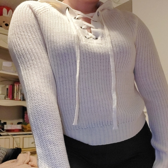 Rue21 Tops - Rue 21 White knit hoodie - criss cross front